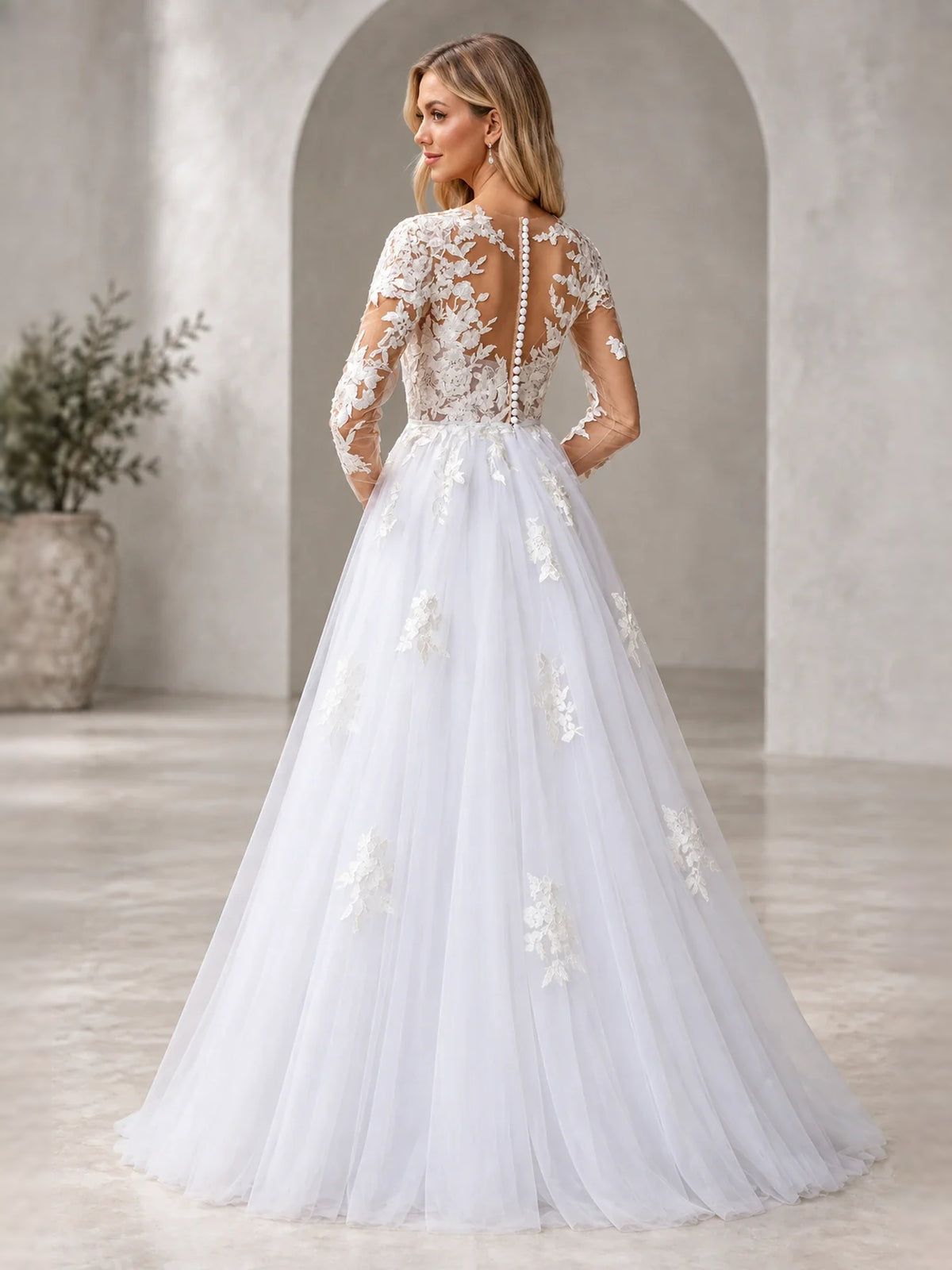 White floor-length wedding dress, alternate view showing the dress shape and hem