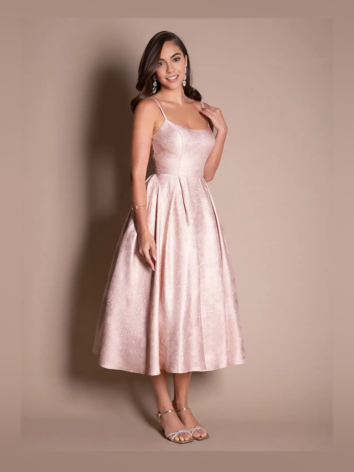 Blush Pink midi prom dress, alternate view showing the dress shape and hem