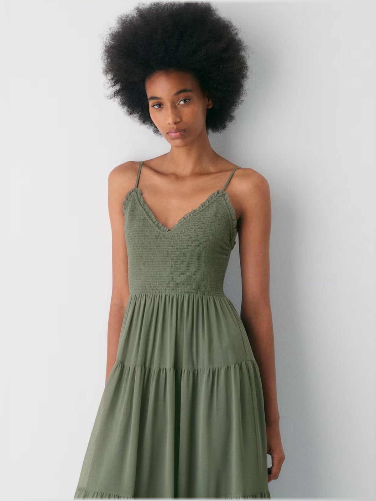 Gold midi formal dress with tiered skirt, alternate view showing the bodice