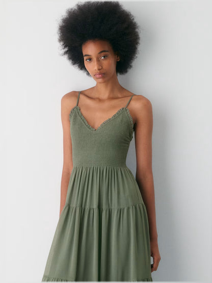 Gold midi formal dress with tiered skirt, alternate view showing the bodice