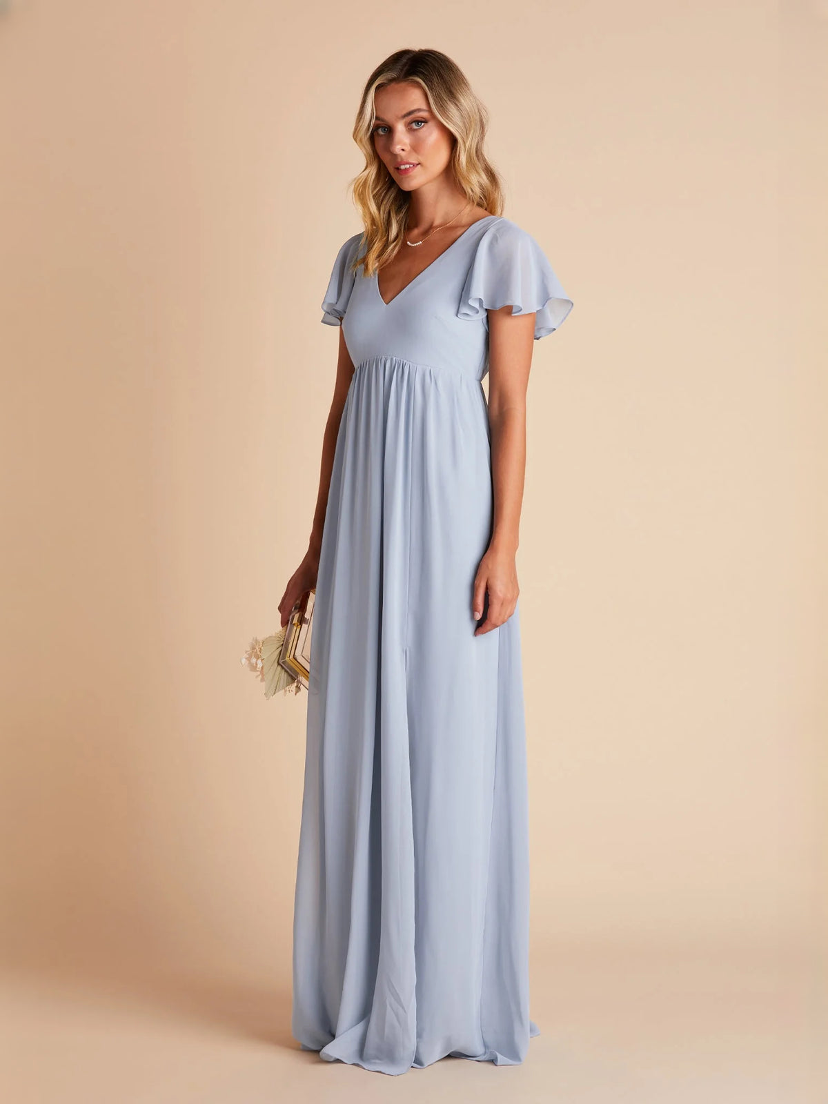 Dusty Blue maxi bridesmaid dress, alternate view showing the dress shape and hem