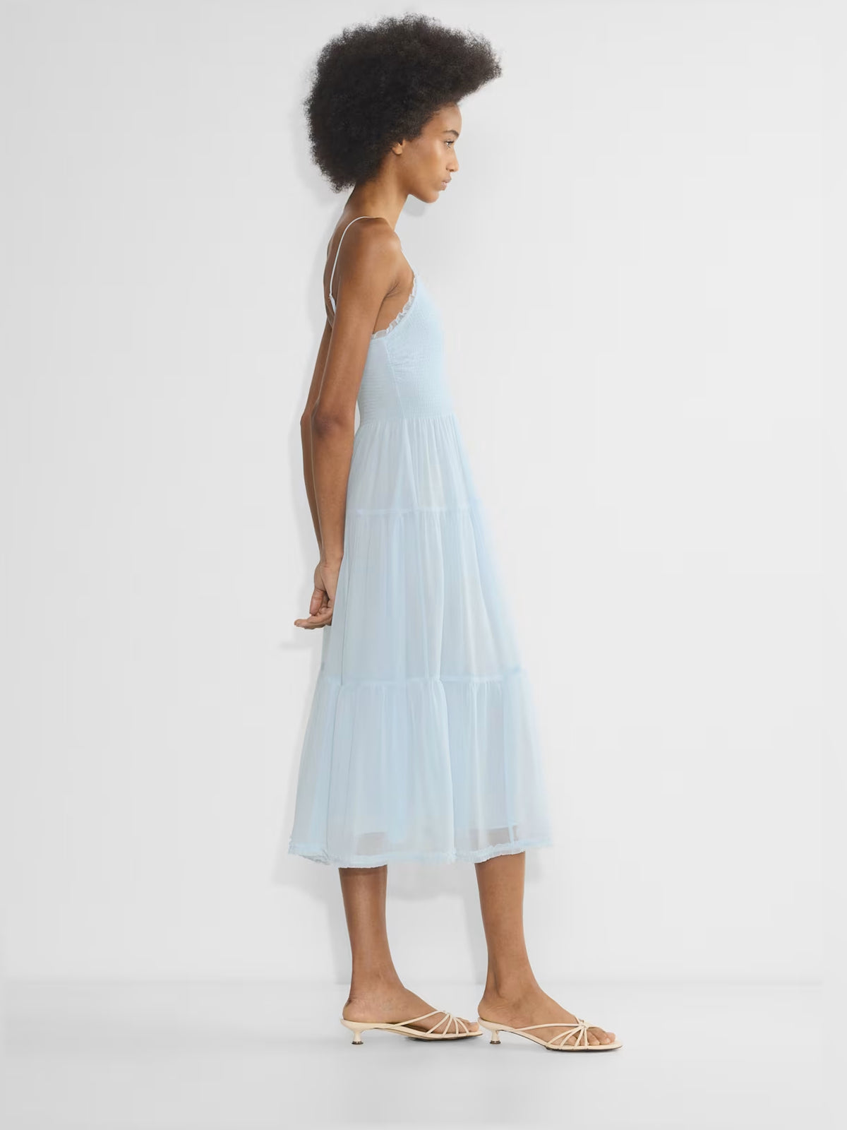 Orange midi formal dress with tiered skirt, alternate view showing the bodice