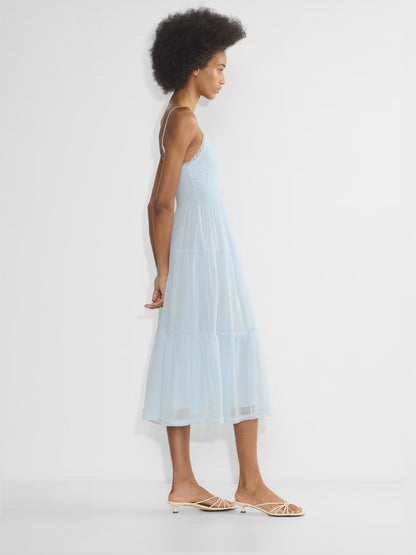 Orange midi formal dress with tiered skirt, alternate view showing the bodice