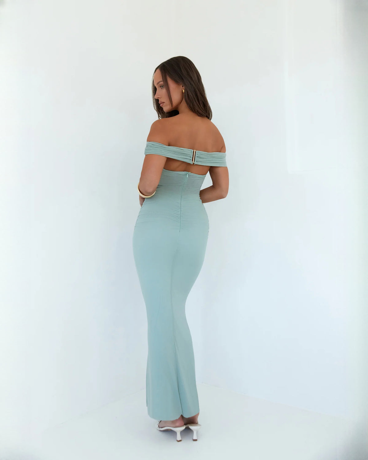 off-shoulder satin a-line maxi bridesmaid dress - image 3