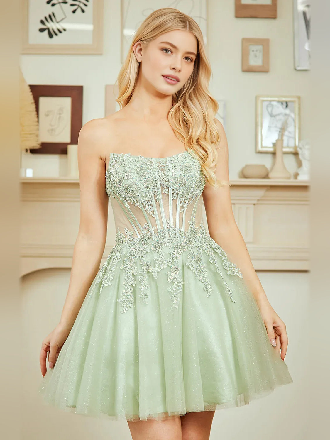 Celadon short homecoming dress, alternate view showing the dress shape and hem