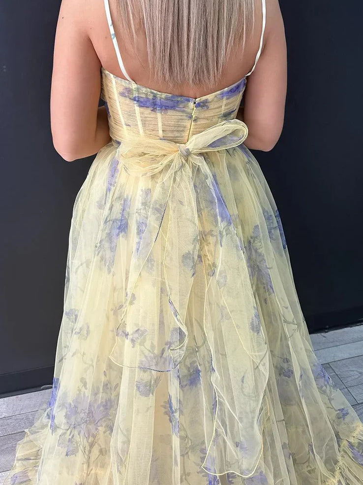 Floral maxi prom dress, close view of the dress design from another angle