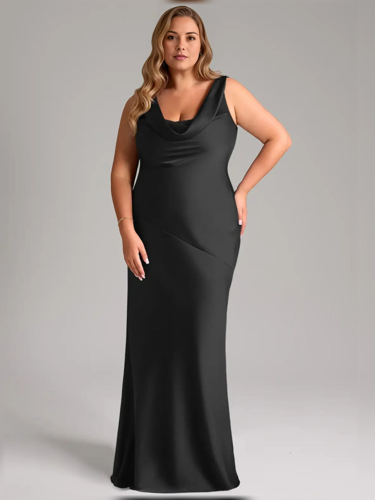 Black floor-length bridesmaid dress, alternate view showing the dress shape and hem