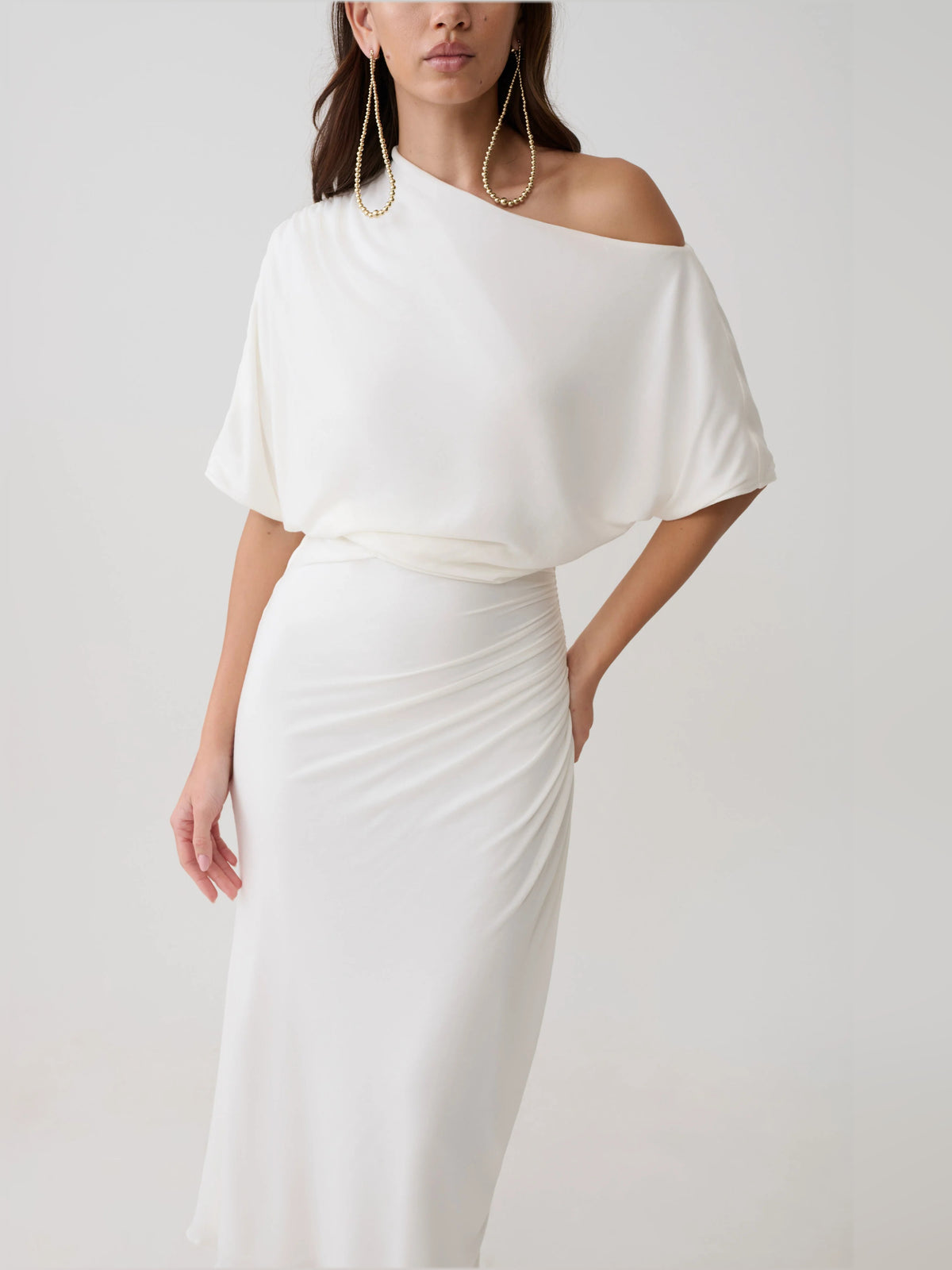 White midi formal dress with draping, alternate view showing the bodice