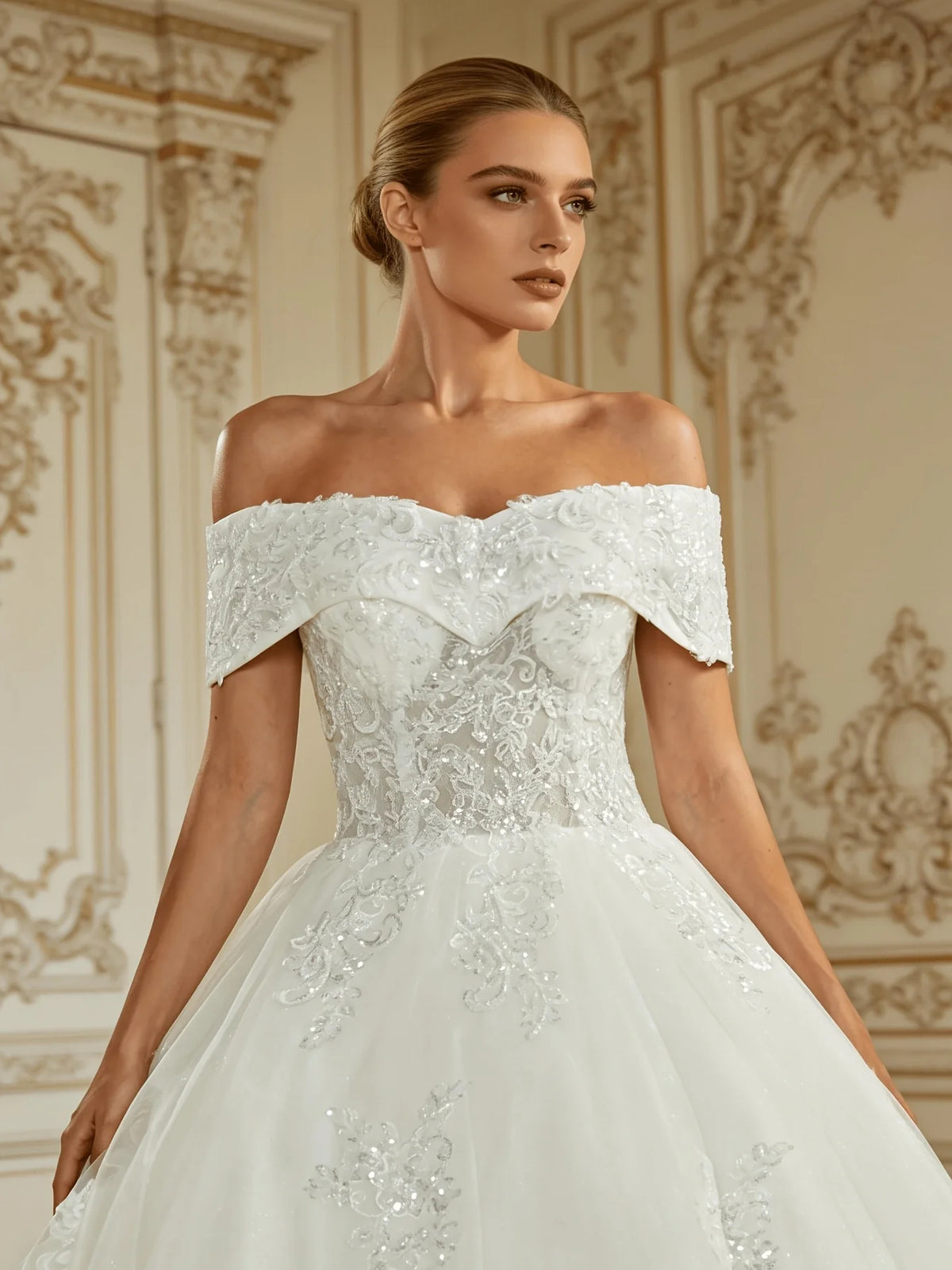 Ivory floor-length wedding dress, alternate view showing the dress shape and hem