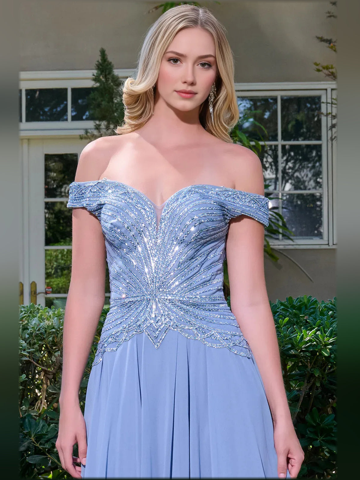Dusty Blue a-line floor-length formal dress with beading, alternate view showing the bodice