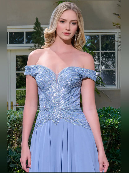 Dusty Blue a-line floor-length formal dress with beading, alternate view showing the bodice