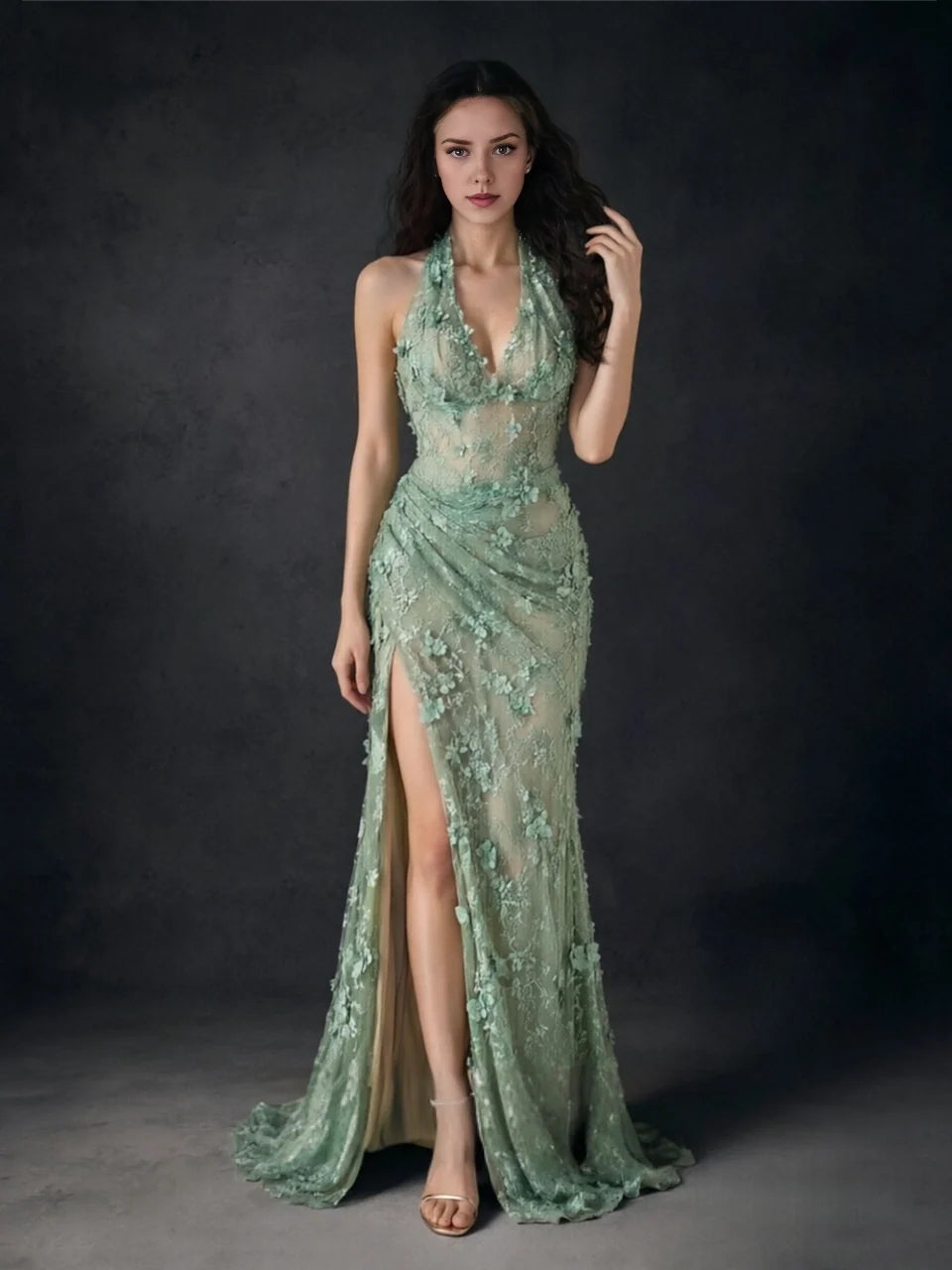 Sage Green mermaid floor-length formal dress with skirt slit, alternate view