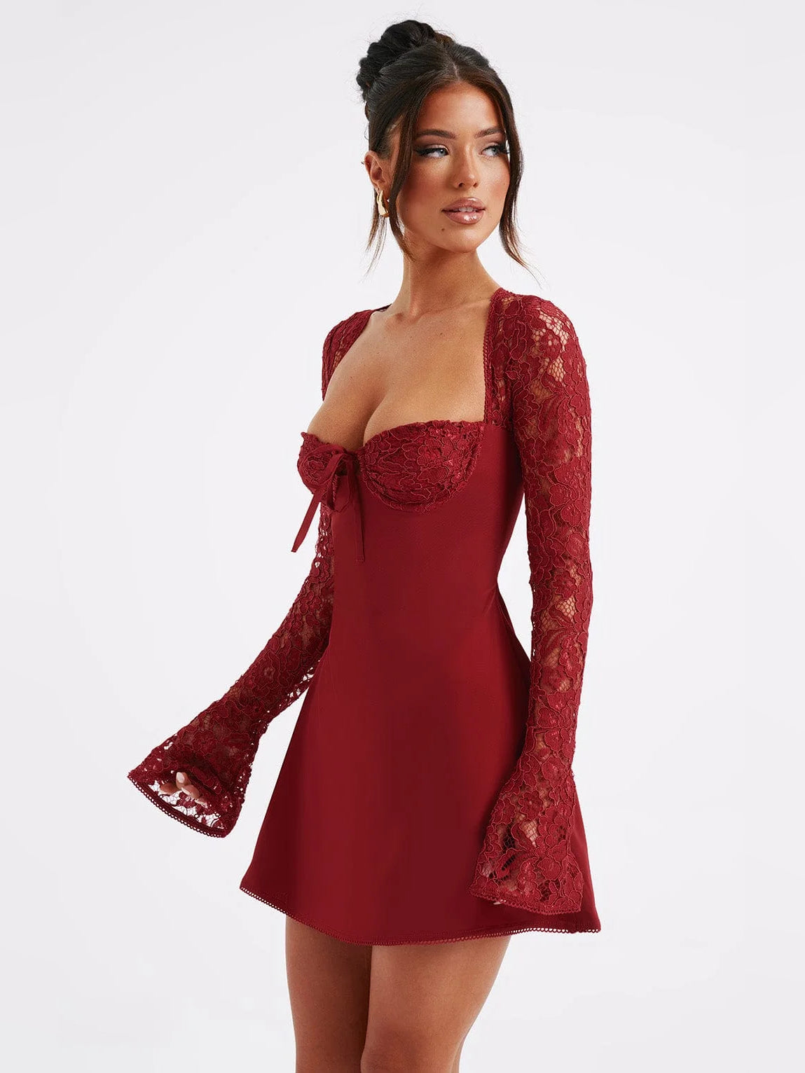 Red mini homecoming dress, alternate view showing the dress shape and hem