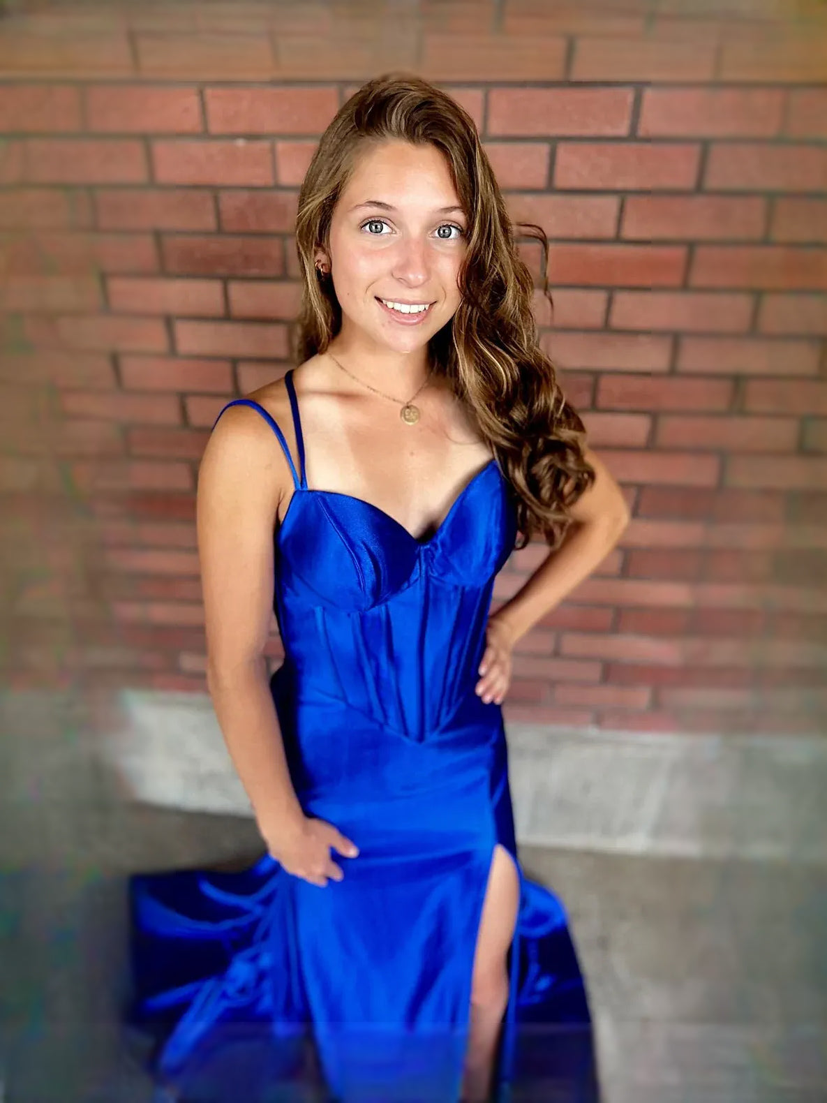 Royal Blue maxi prom dress, alternate view showing the dress shape and hem
