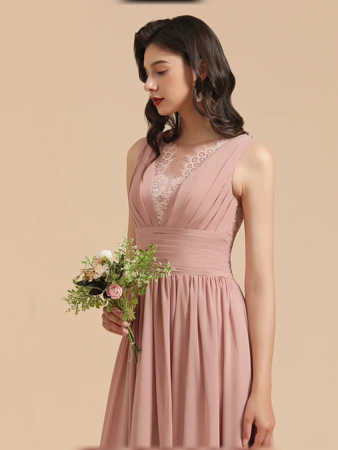 Pearl Pink maxi bridesmaid dress, alternate view showing the dress shape and hem