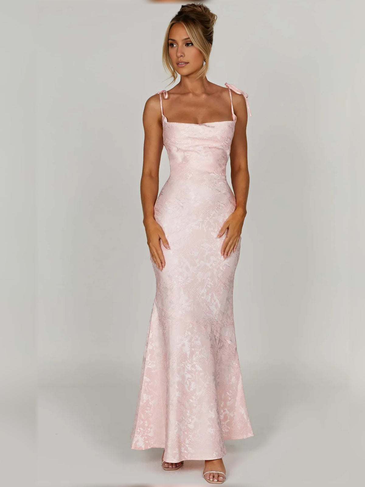 Blush Pink mermaid floor-length formal dress with floral print, alternate view showing the bodice