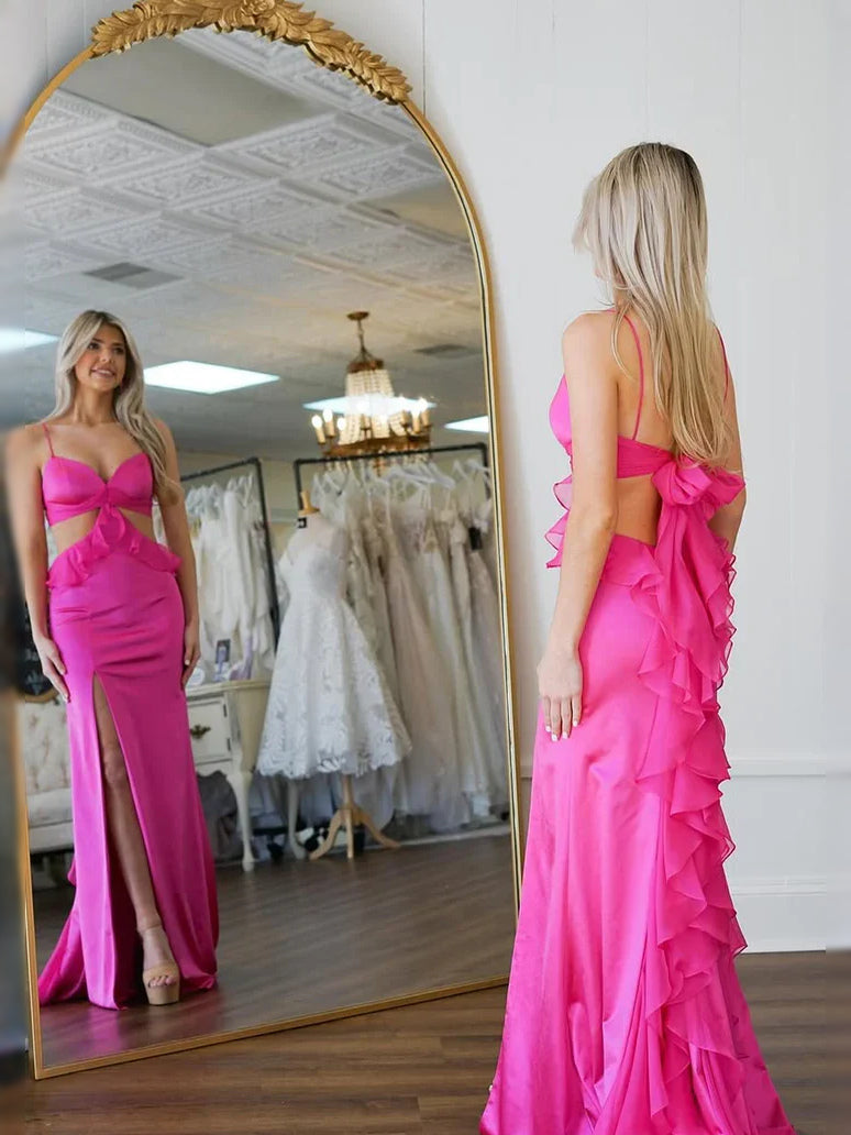 Fuchsia floor-length prom dress, back view showing the rear of the dress from another angle