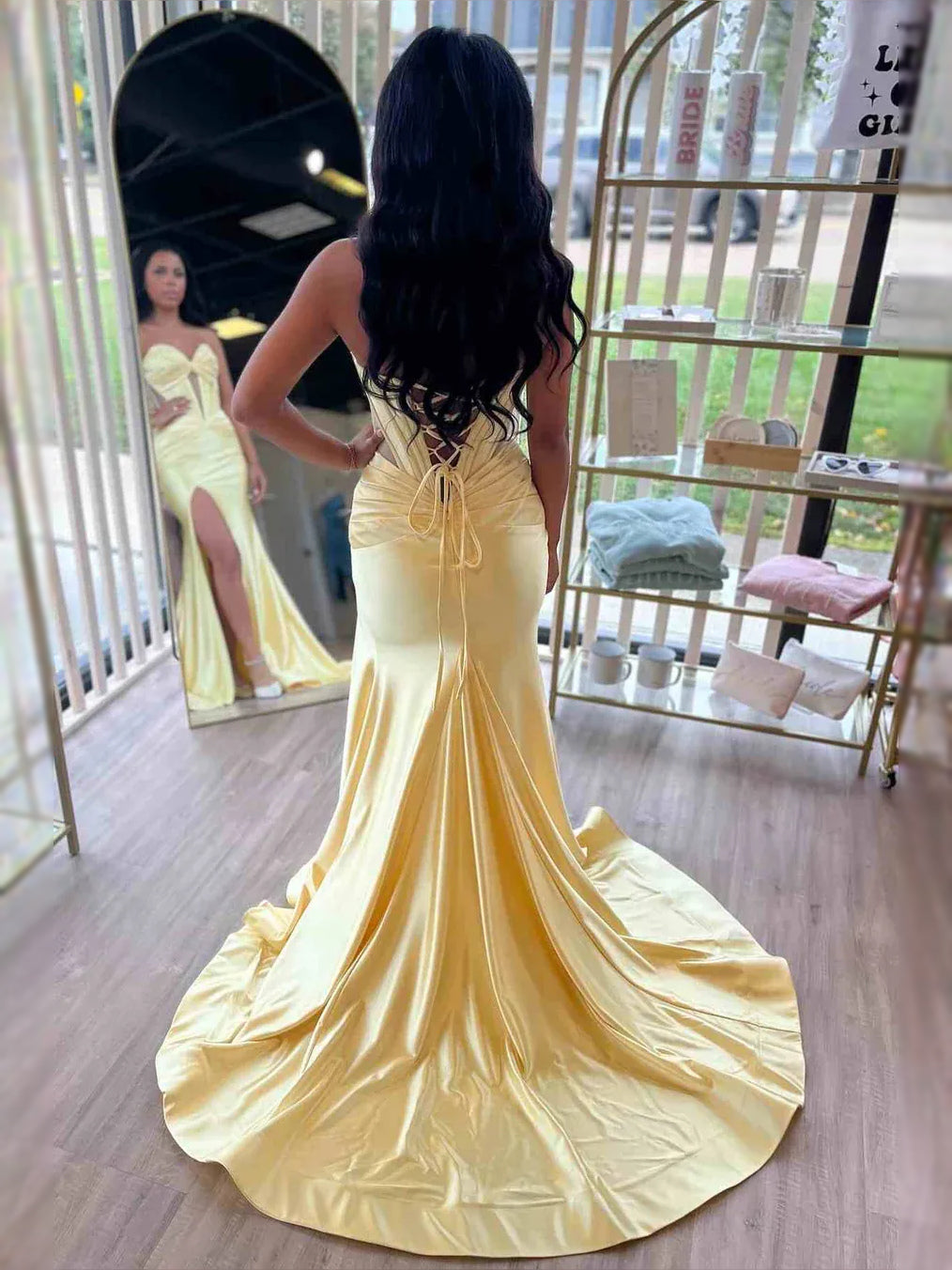 Yellow maxi prom dress, alternate view showing the dress shape and hem