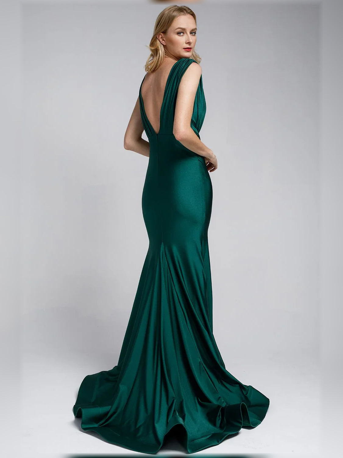 Navy Blue mermaid floor-length formal dress with ruching, alternate view showing the bodice