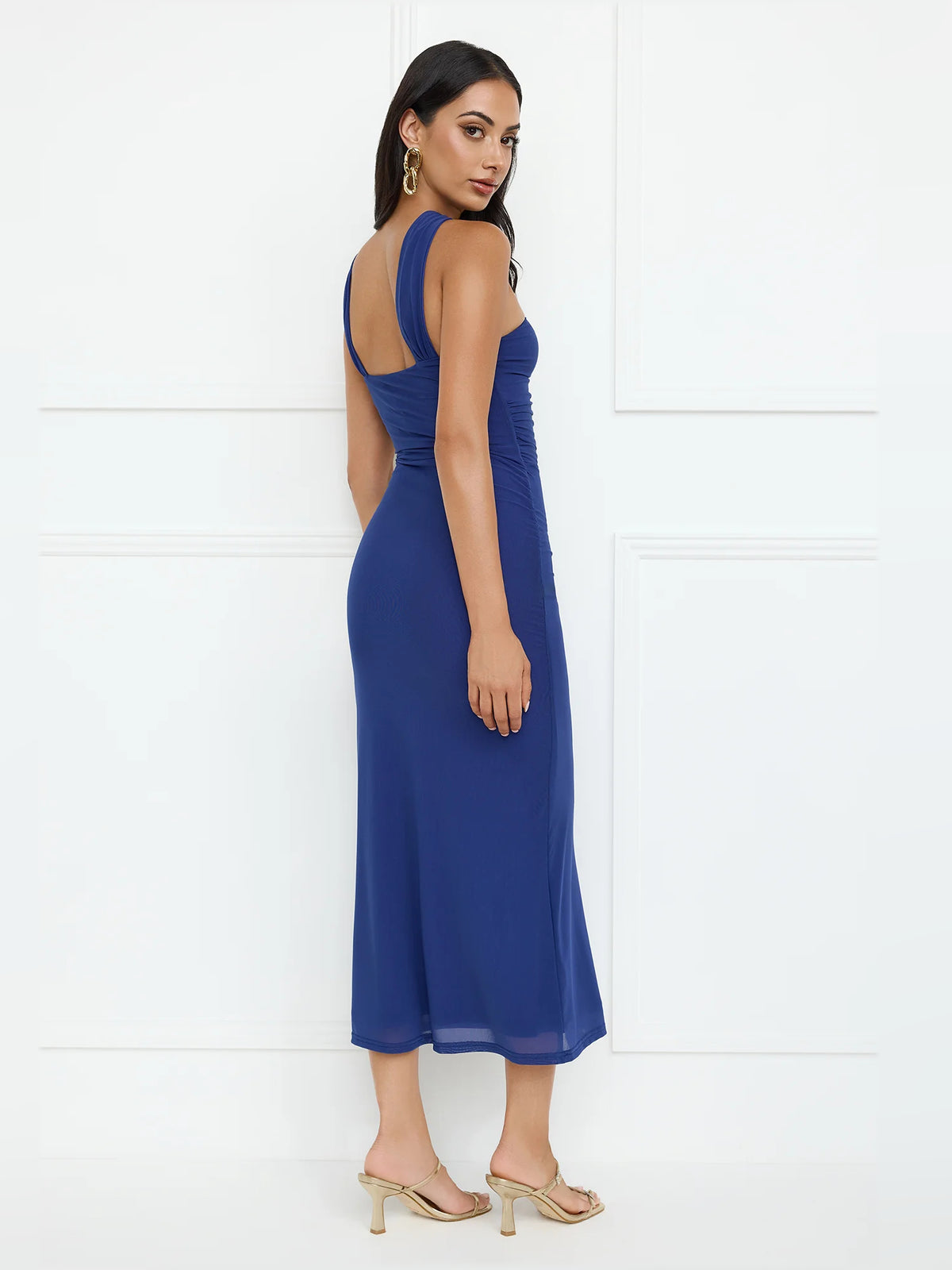 Blue midi formal dress with one-shoulder neckline, alternate view showing the bodice