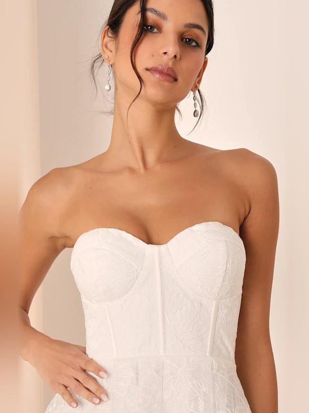 White mini homecoming dress, alternate view showing the dress shape and hem