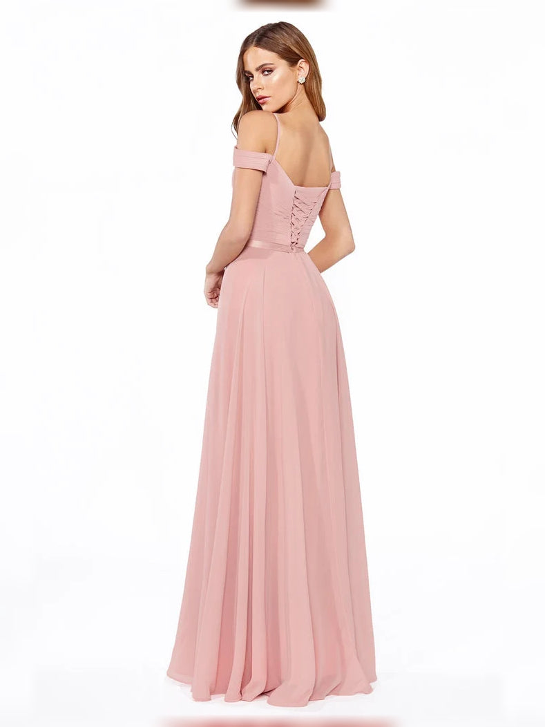 Mauve floor-length bridesmaid dress, alternate view showing the dress shape and hem