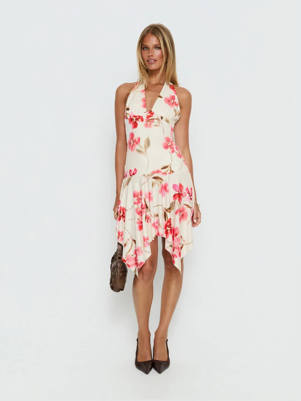 Cream Floral midi formal dress with floral print, alternate view showing the bodice