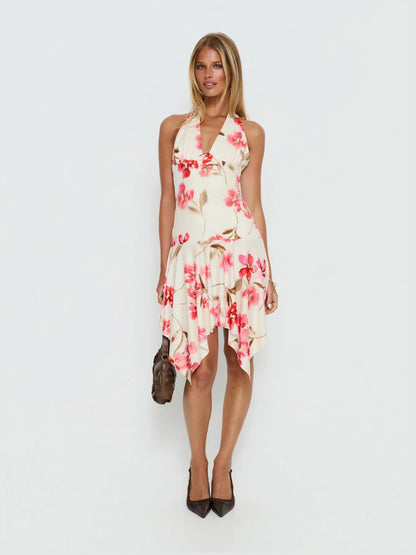 Cream Floral midi formal dress with floral print, alternate view showing the bodice