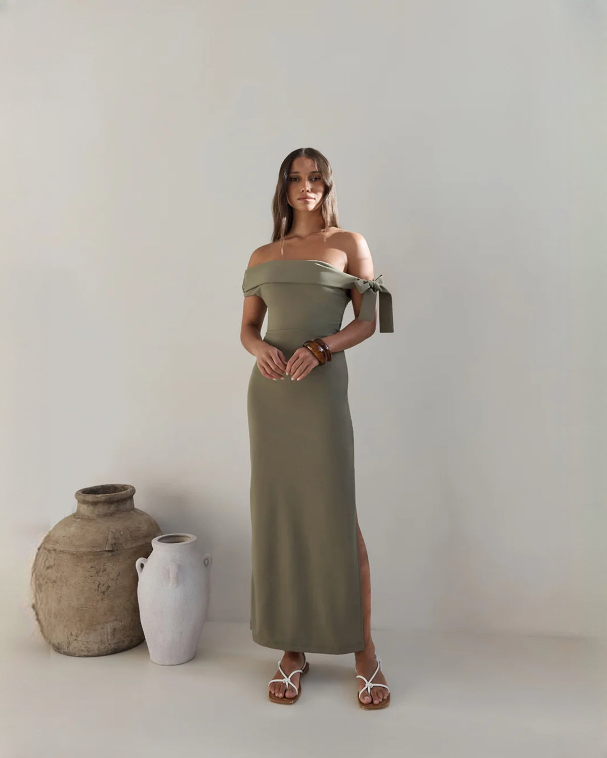 off-shoulder structured satin a-line maxi bridesmaid dress - image 3