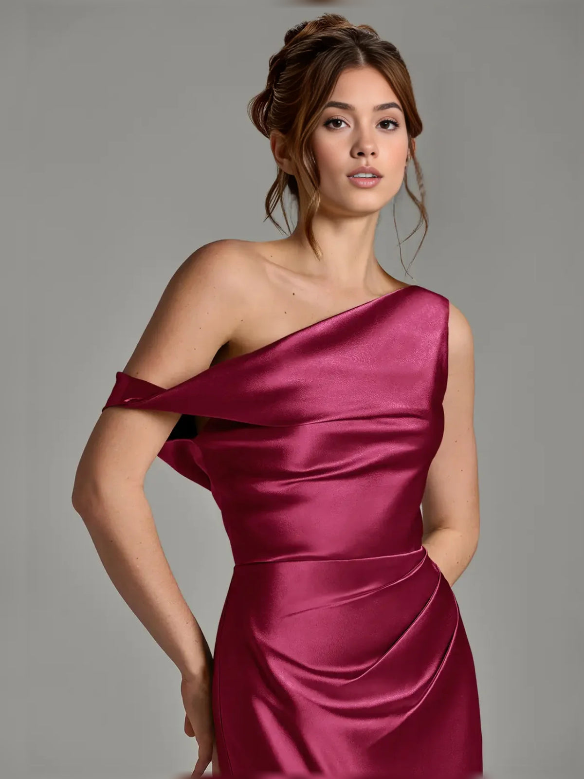 Burgundy floor-length bridesmaid dress, alternate view showing the dress shape and hem