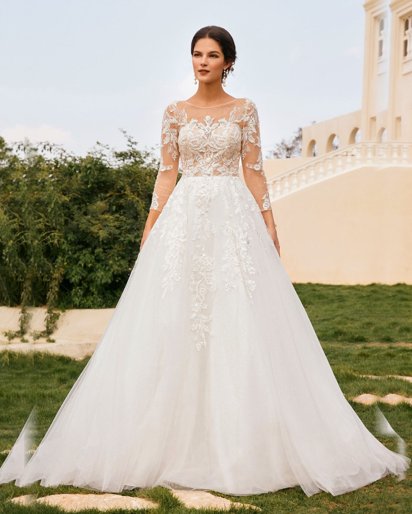 bateau neck lace sleeve tulle a-line wedding dress - image 4