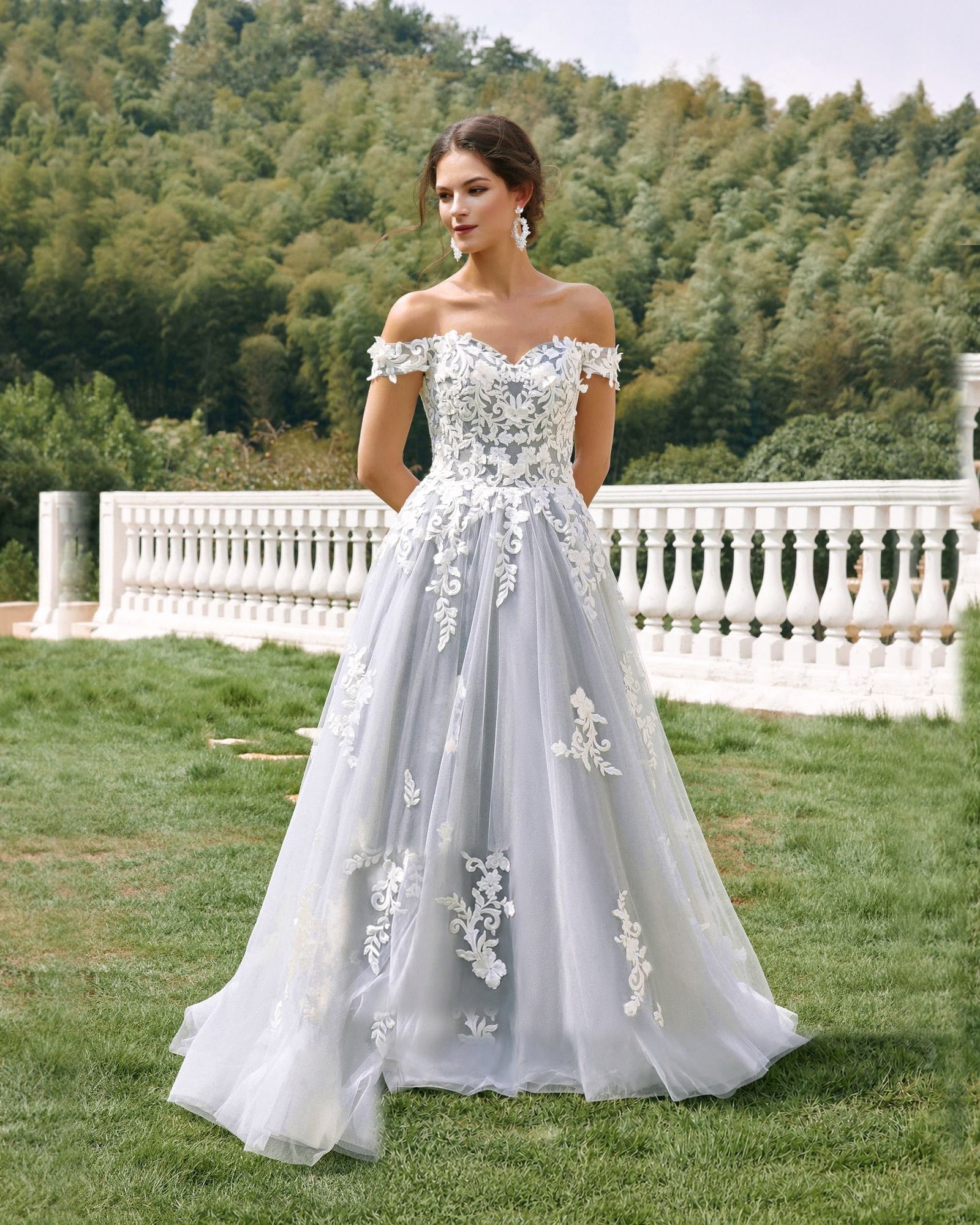 off-shoulder lace applique tulle ball gown wedding dress - image 4