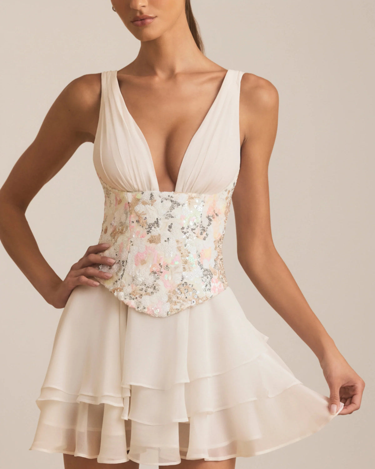 sakura embellished ruffled corset ivory mini homecoming dress - image 4