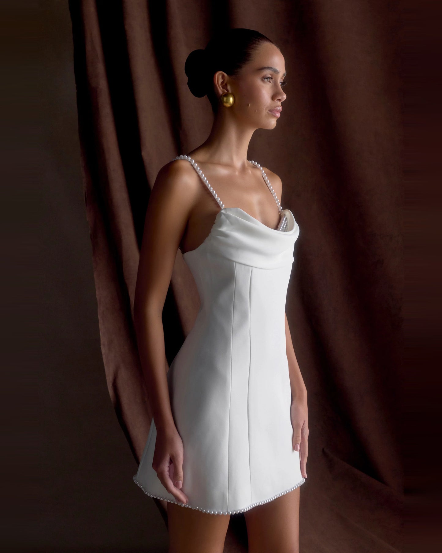 satin cowl neck pearl strap homecoming dress - image 4