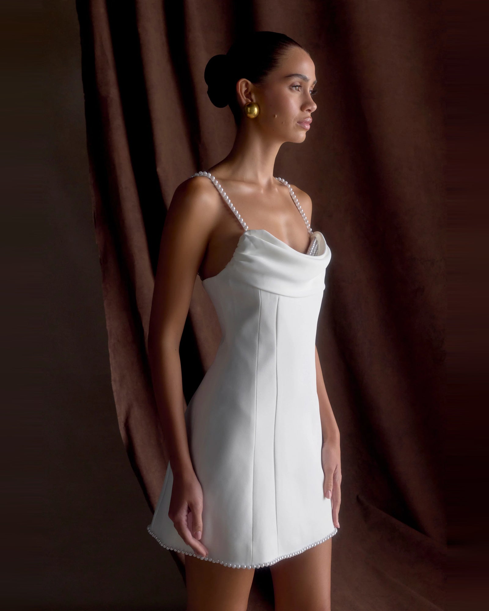 satin cowl neck pearl strap homecoming dress - image 4