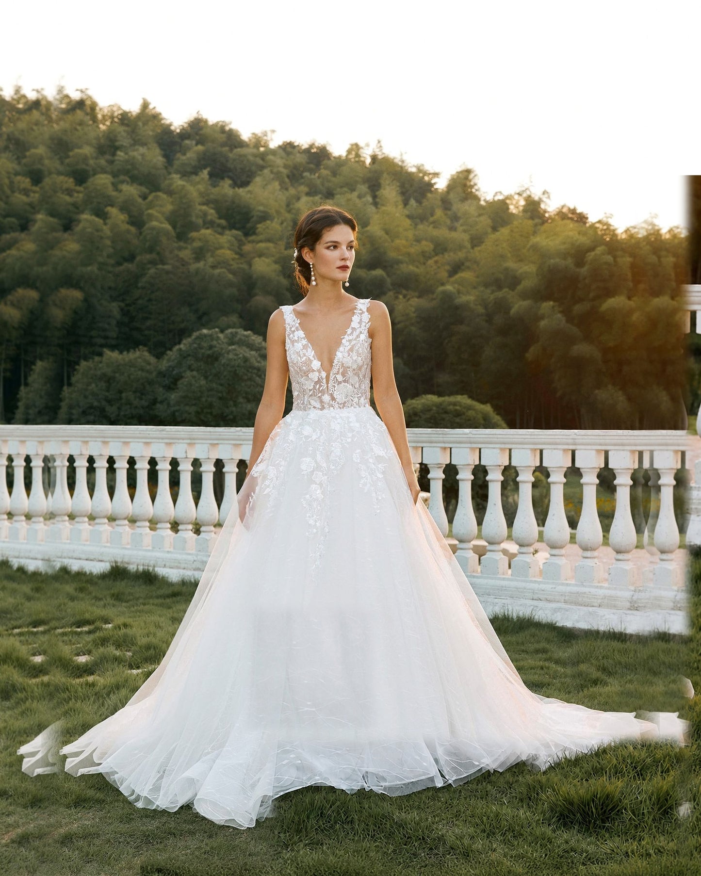 plunging v-neck lace tulle ball gown wedding dress - image 4