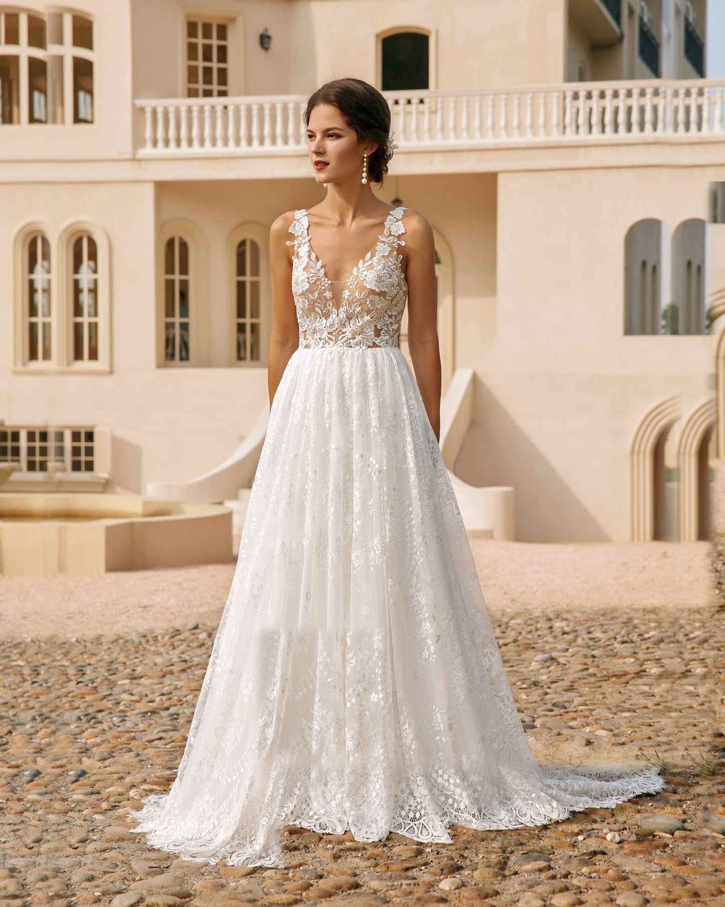 plunging v-neck lace embroidered a-line wedding dress - image 4