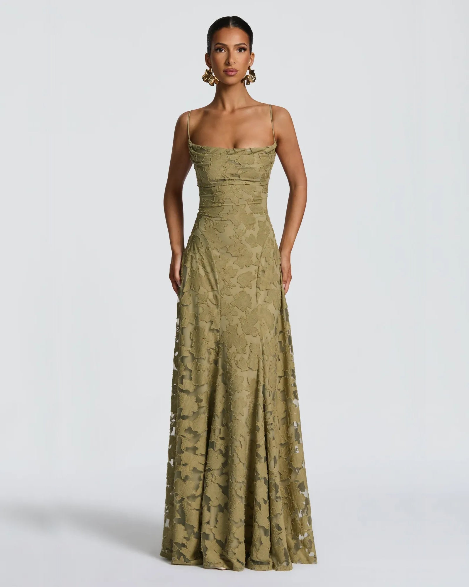 green brown cowl neck floral lace A-line formal dress with lace-up back - image 4