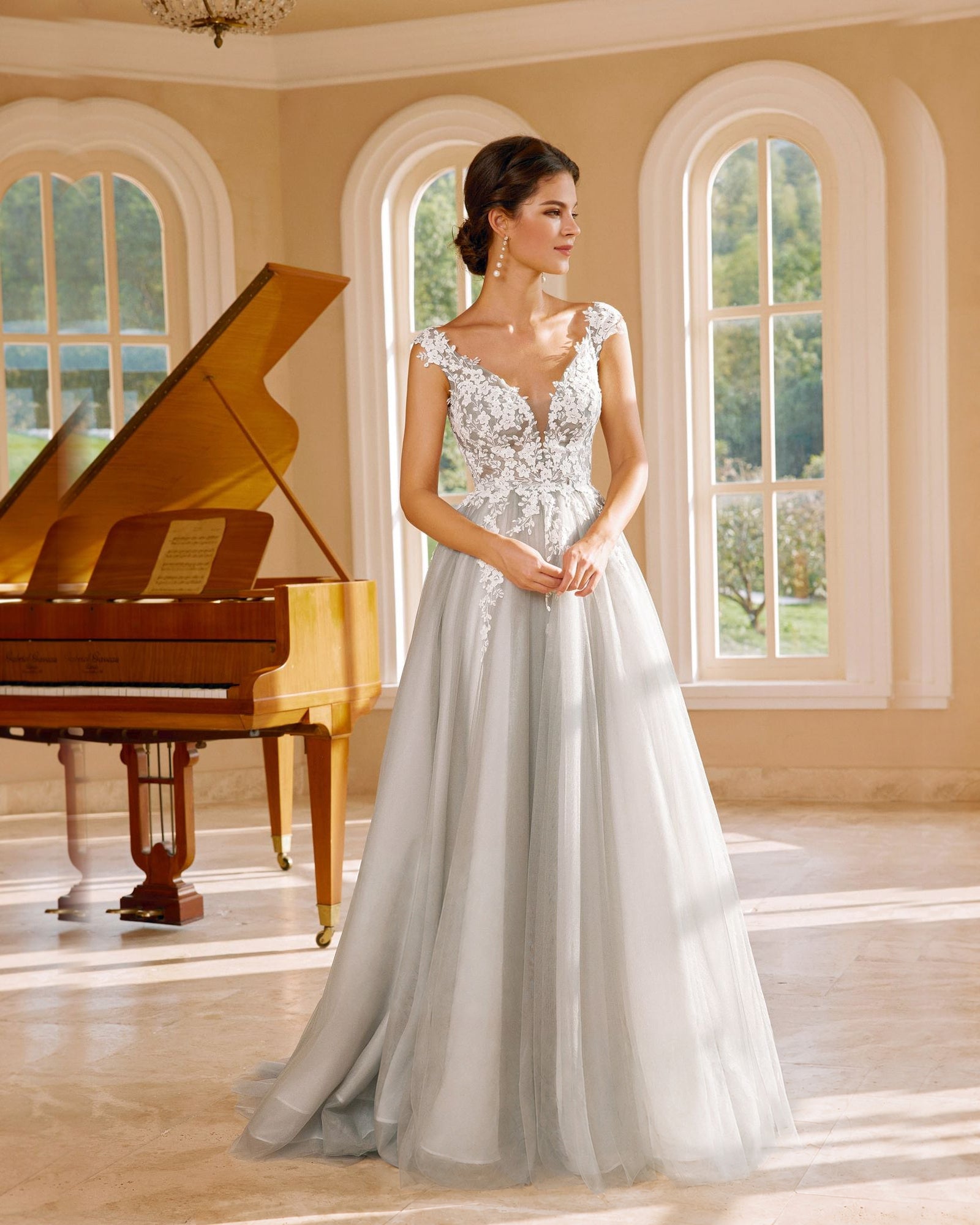 cap sleeve v-neck lace applique a-line wedding dress - image 4