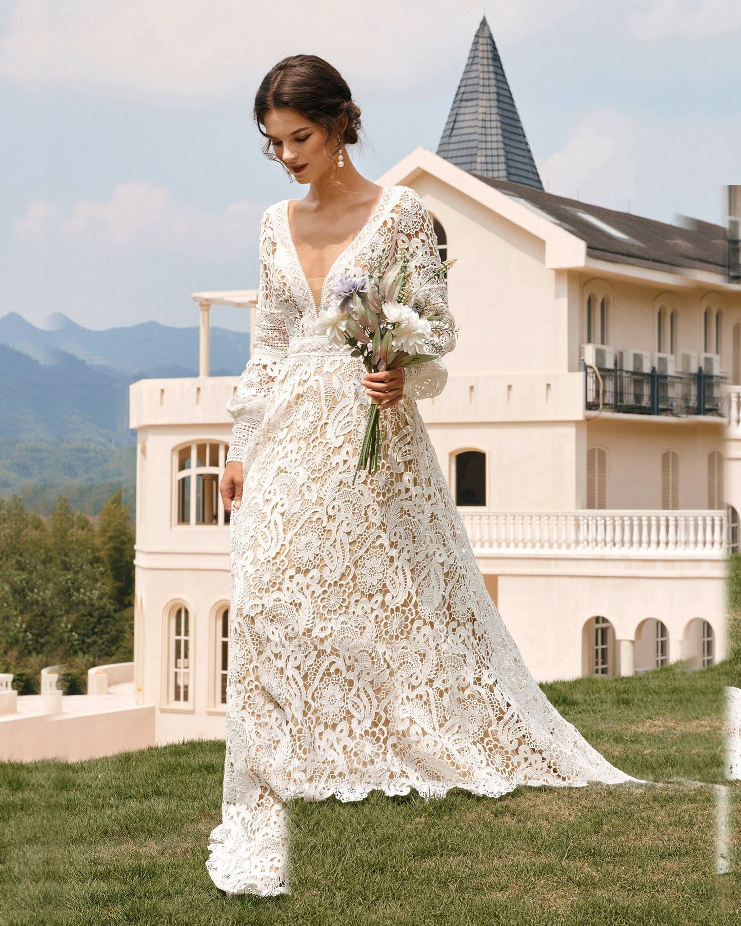 boho bishop sleeve crochet lace wedding dress - image 4