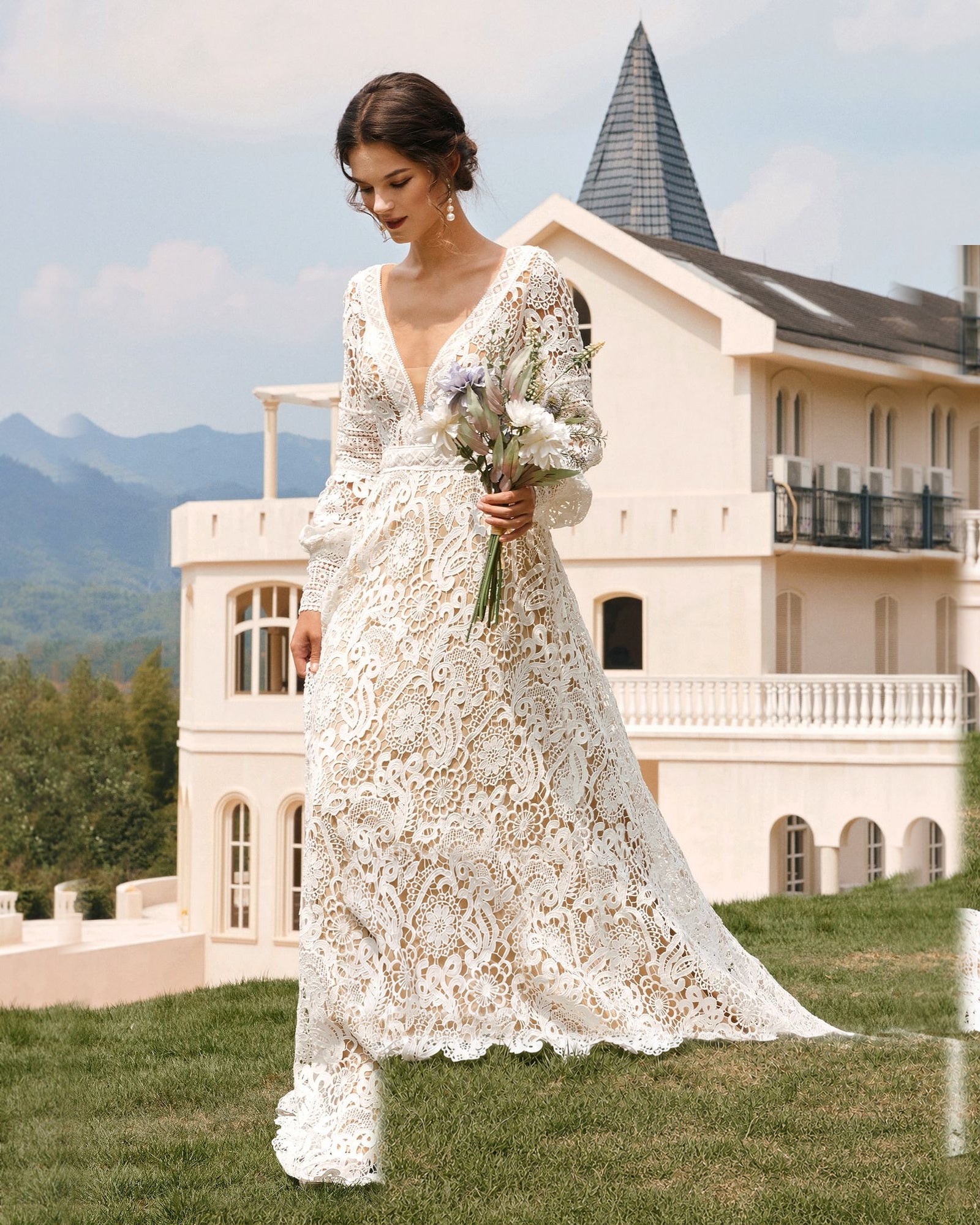 boho bishop sleeve crochet lace wedding dress - image 4