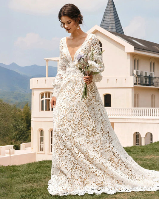 boho bishop sleeve crochet lace wedding dress - image 4