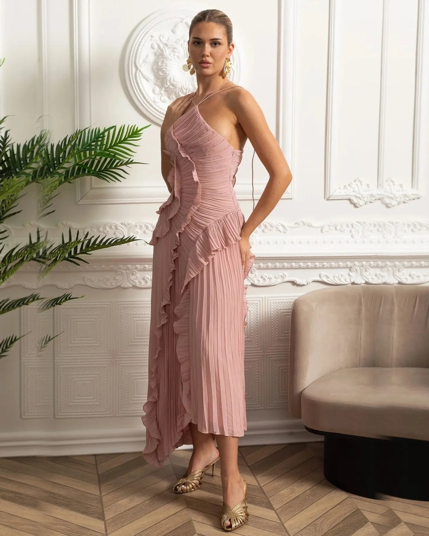 dusty rose asymmetrical halter chiffon formal dress with pleated ruffles - image 4