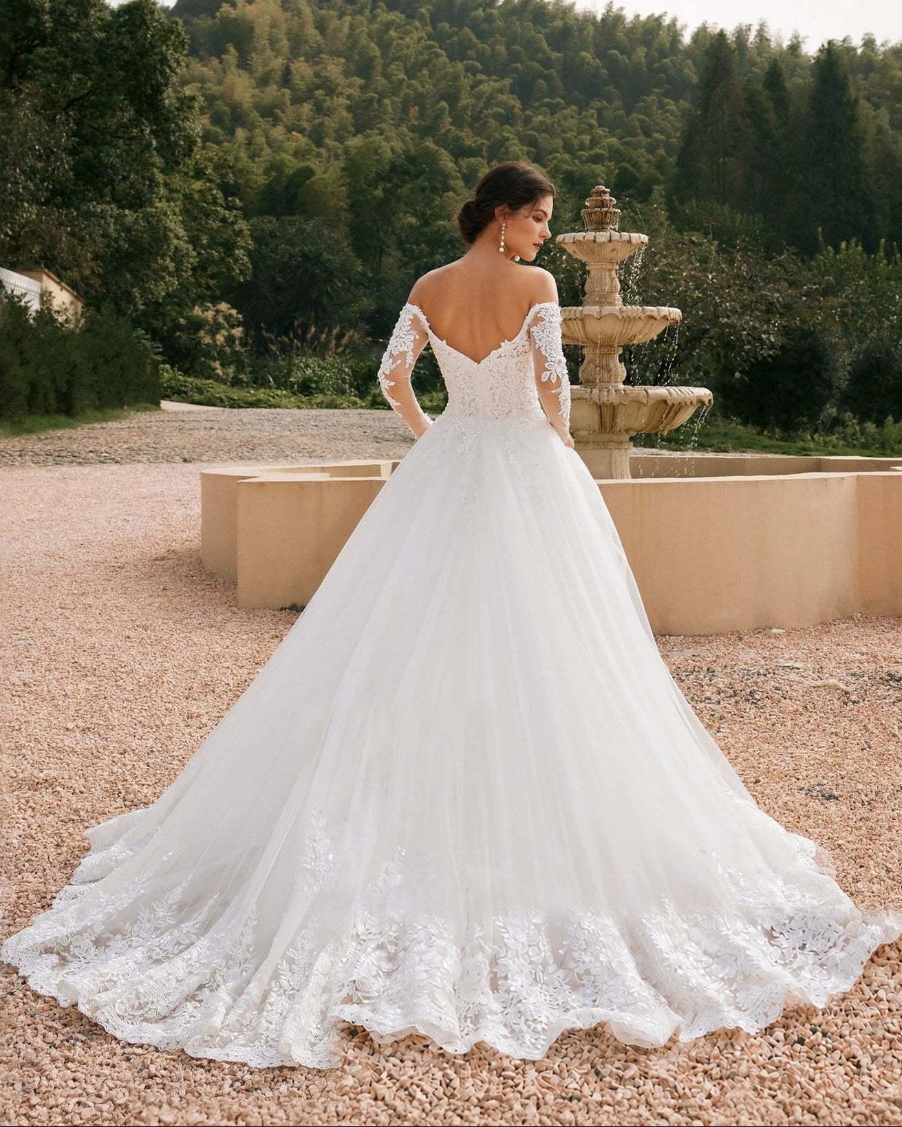 off-shoulder lace sleeve tulle wedding ball gown - image 4