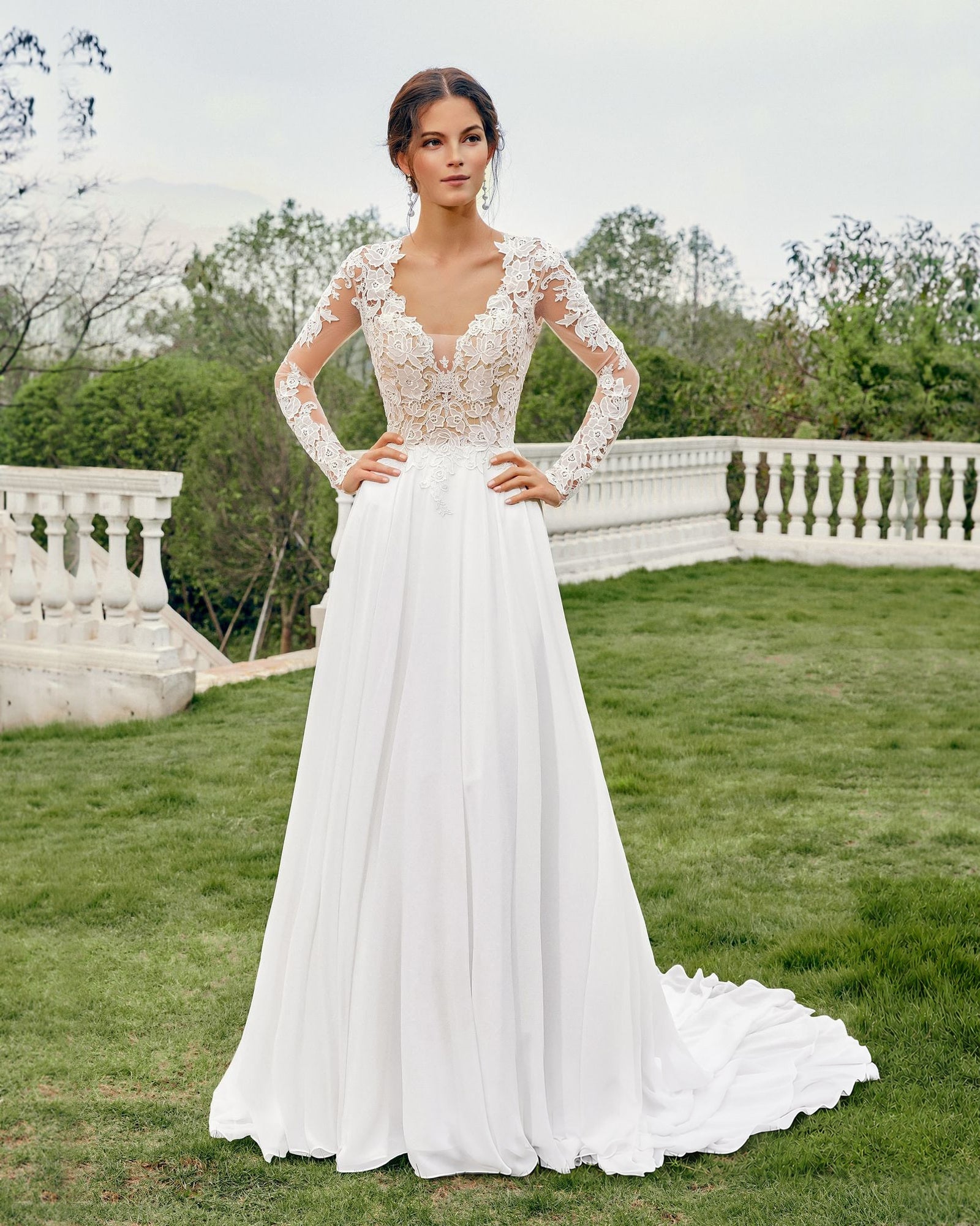 v-neck long sleeve lace chiffon a-line wedding dress - image 4