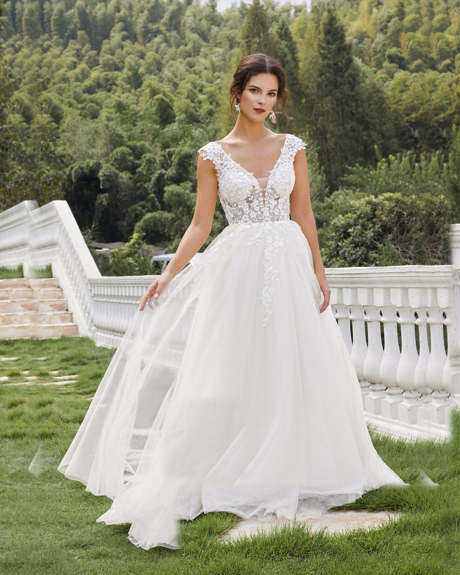 sleeveless v-neck lace tulle a-line wedding dress - image 4