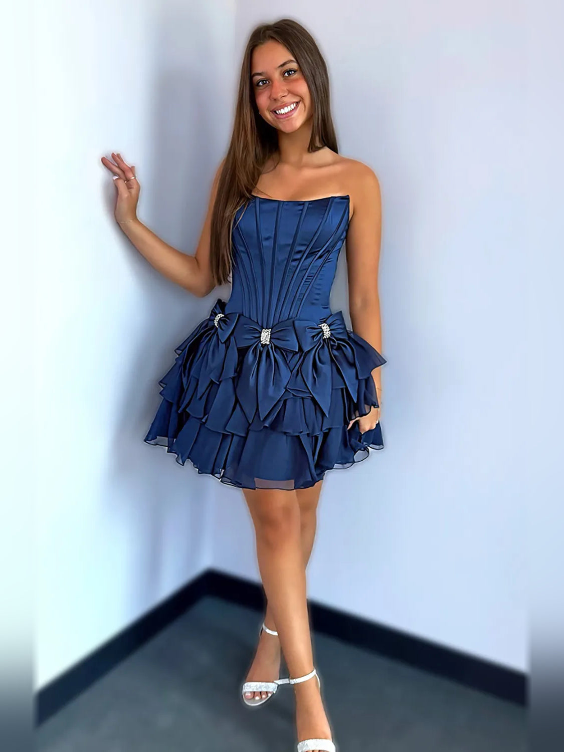 Black mini homecoming dress, alternate view showing the overall dress design