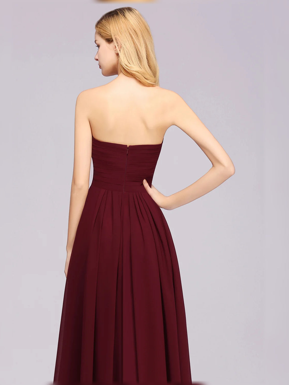 Burgundy floor-length bridesmaid dress, alternate view showing the overall dress design