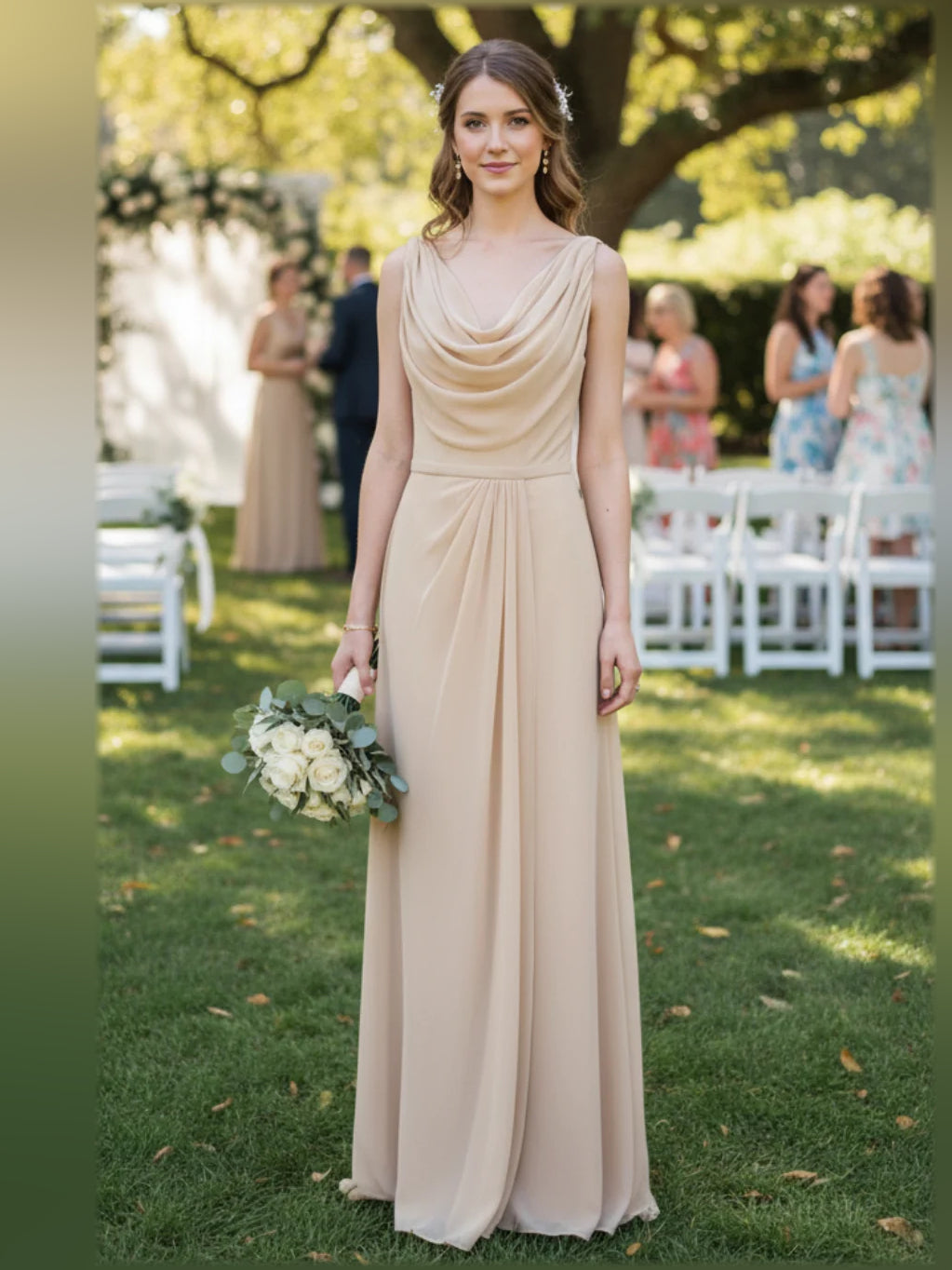 Beige maxi bridesmaid dress, alternate view showing the overall dress design