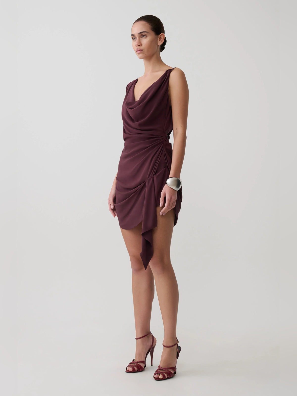 Plum mini homecoming dress, alternate view showing the overall dress design